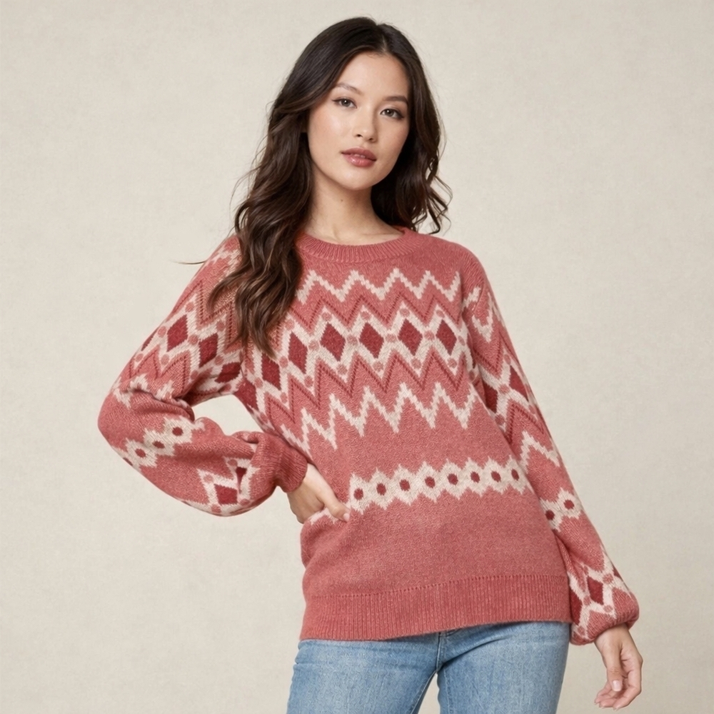 Savanna Jane Boho Cabin Geometric Pink Knit Balloon Sleeve Sweater Size Small